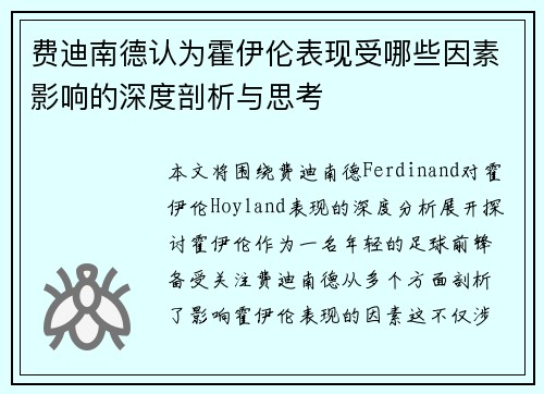 费迪南德认为霍伊伦表现受哪些因素影响的深度剖析与思考