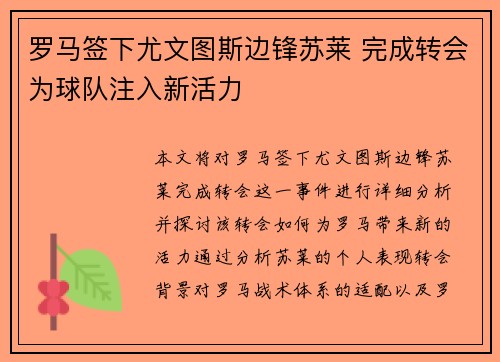 罗马签下尤文图斯边锋苏莱 完成转会为球队注入新活力
