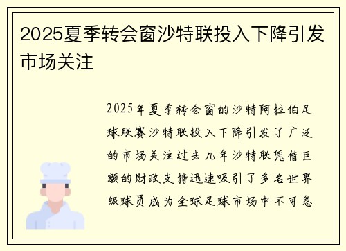 2025夏季转会窗沙特联投入下降引发市场关注