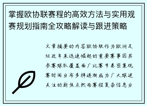 掌握欧协联赛程的高效方法与实用观赛规划指南全攻略解读与跟进策略