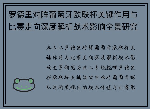 罗德里对阵葡萄牙欧联杯关键作用与比赛走向深度解析战术影响全景研究